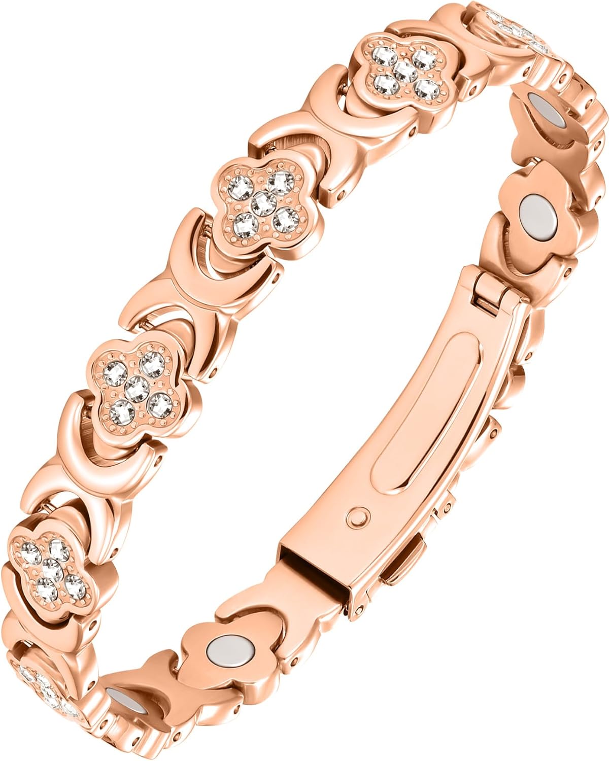 De Lamova koperen armband is voorzien van krachtige magneten van 3800 gauss die zijn ingebed in puur koper, ontworpen om magnetische therapie te bieden voor pijnverlichting en ontstekingsremmende voordelen. Deze elegante armband heeft een verstelbare pasvorm zodat hij comfortabel om elke pols past en heeft een stijlvol ontwerp met een geluksklavertje dat symbool staat voor geluk. Door gezondheidsvoordelen te combineren met verfijnde mode is deze armband perfect voor mensen die op zoek zijn naar natuurlijk w