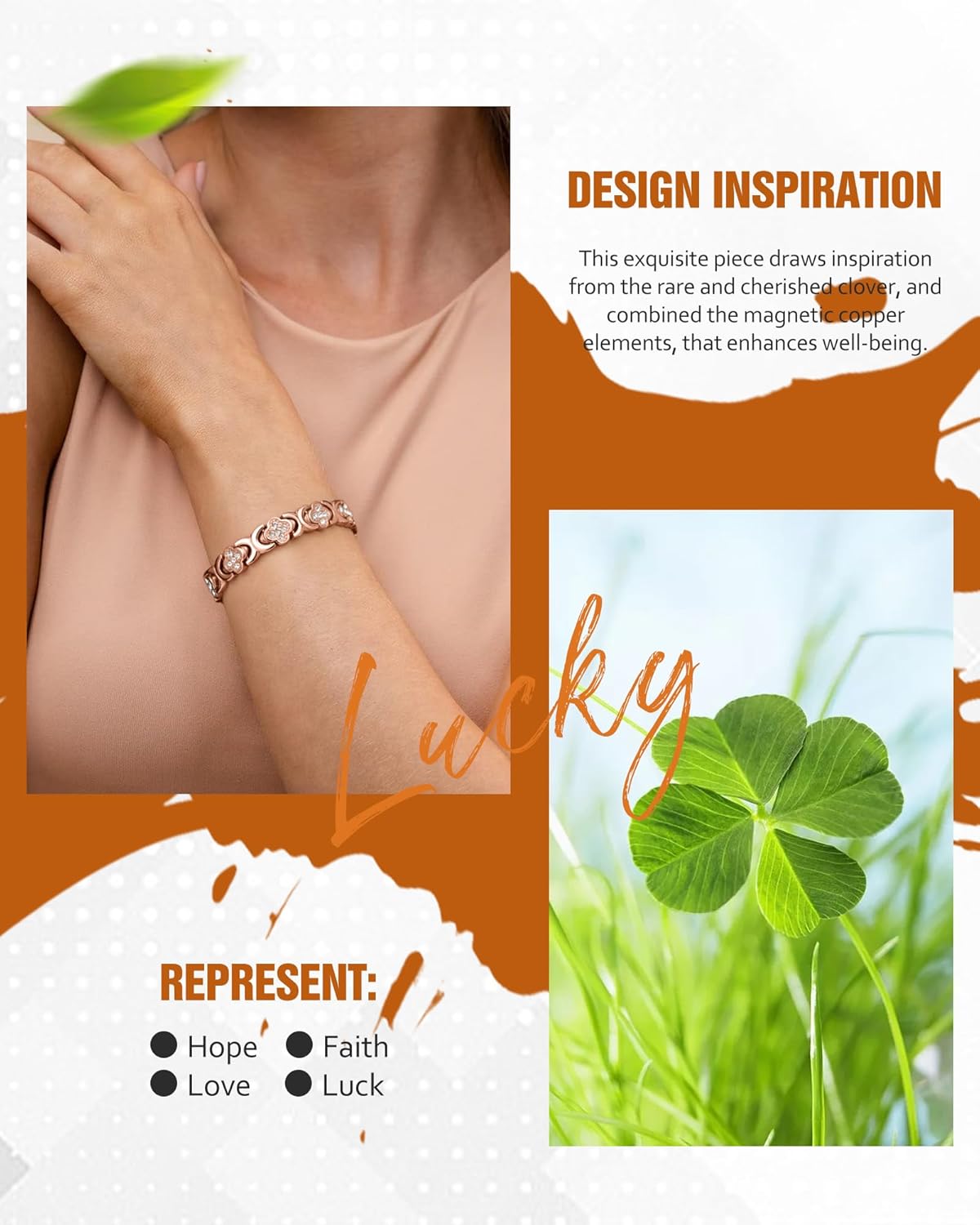 De Lamova koperen armband is voorzien van krachtige magneten van 3800 gauss die zijn ingebed in puur koper, ontworpen om magnetische therapie te bieden voor pijnverlichting en ontstekingsremmende voordelen. Deze elegante armband heeft een verstelbare pasvorm zodat hij comfortabel om elke pols past en heeft een stijlvol ontwerp met een geluksklavertje dat symbool staat voor geluk. Door gezondheidsvoordelen te combineren met verfijnde mode is deze armband perfect voor mensen die op zoek zijn naar natuurlijk w