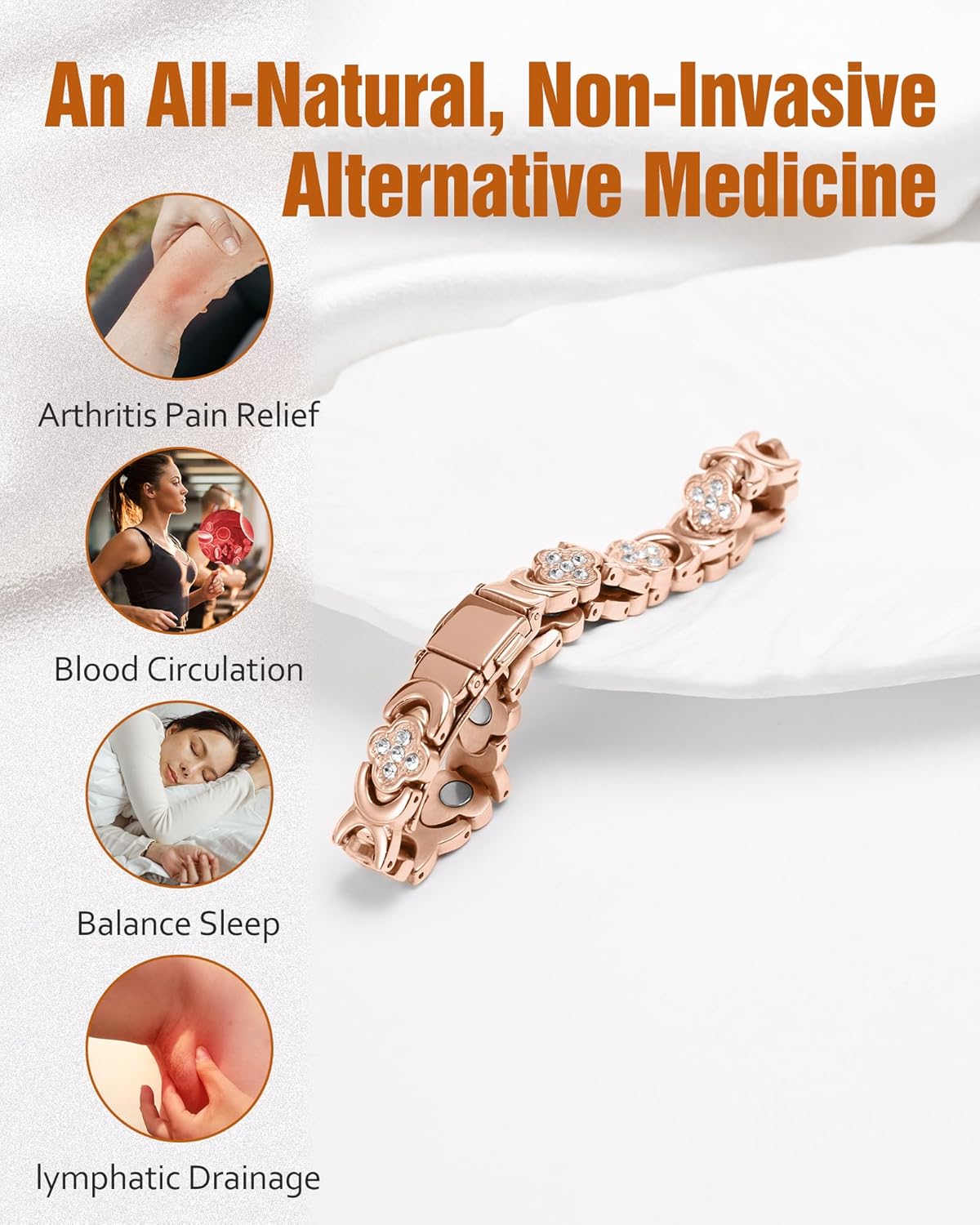 De Lamova koperen armband is voorzien van krachtige magneten van 3800 gauss die zijn ingebed in puur koper, ontworpen om magnetische therapie te bieden voor pijnverlichting en ontstekingsremmende voordelen. Deze elegante armband heeft een verstelbare pasvorm zodat hij comfortabel om elke pols past en heeft een stijlvol ontwerp met een geluksklavertje dat symbool staat voor geluk. Door gezondheidsvoordelen te combineren met verfijnde mode is deze armband perfect voor mensen die op zoek zijn naar natuurlijk w