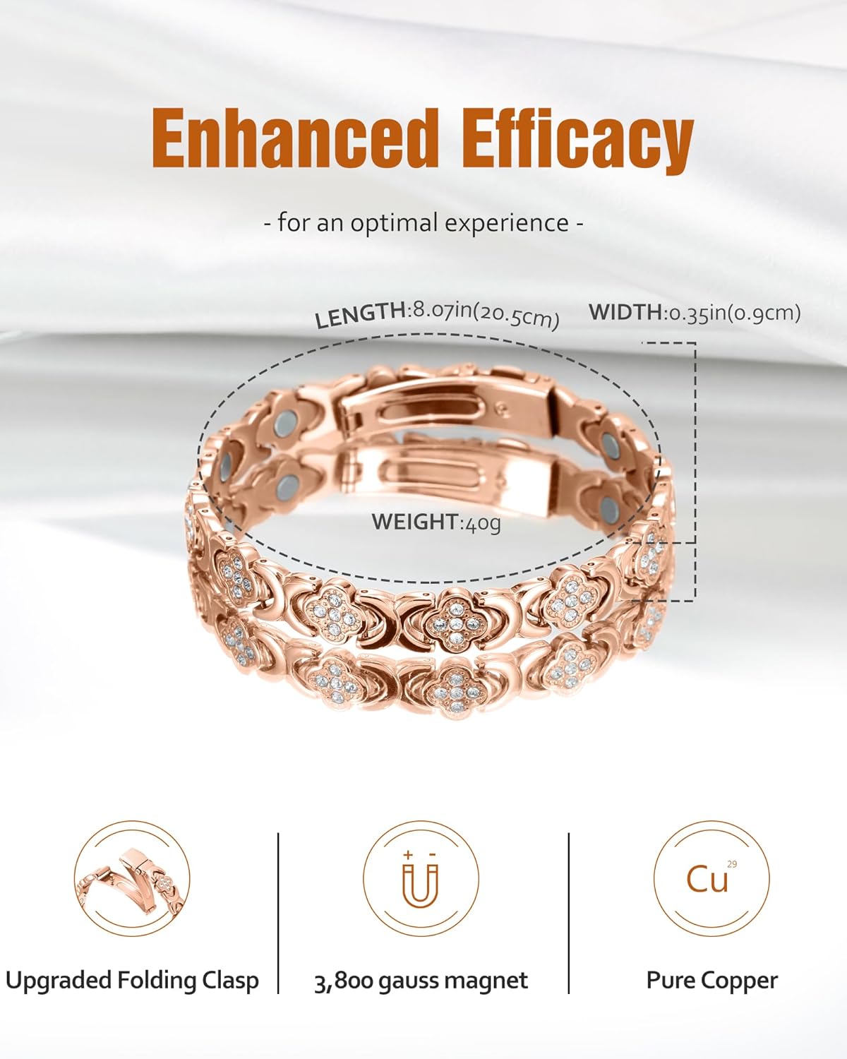 De Lamova koperen armband is voorzien van krachtige magneten van 3800 gauss die zijn ingebed in puur koper, ontworpen om magnetische therapie te bieden voor pijnverlichting en ontstekingsremmende voordelen. Deze elegante armband heeft een verstelbare pasvorm zodat hij comfortabel om elke pols past en heeft een stijlvol ontwerp met een geluksklavertje dat symbool staat voor geluk. Door gezondheidsvoordelen te combineren met verfijnde mode is deze armband perfect voor mensen die op zoek zijn naar natuurlijk w