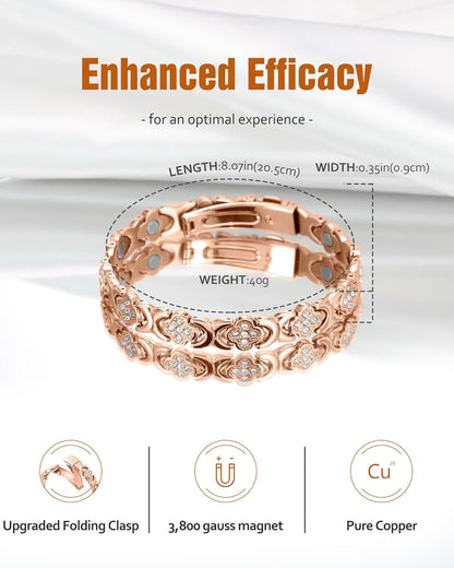 De Lamova koperen armband is voorzien van krachtige magneten van 3800 gauss die zijn ingebed in puur koper, ontworpen om magnetische therapie te bieden voor pijnverlichting en ontstekingsremmende voordelen. Deze elegante armband heeft een verstelbare pasvorm zodat hij comfortabel om elke pols past en heeft een stijlvol ontwerp met een geluksklavertje dat symbool staat voor geluk. Door gezondheidsvoordelen te combineren met verfijnde mode is deze armband perfect voor mensen die op zoek zijn naar natuurlijk w
