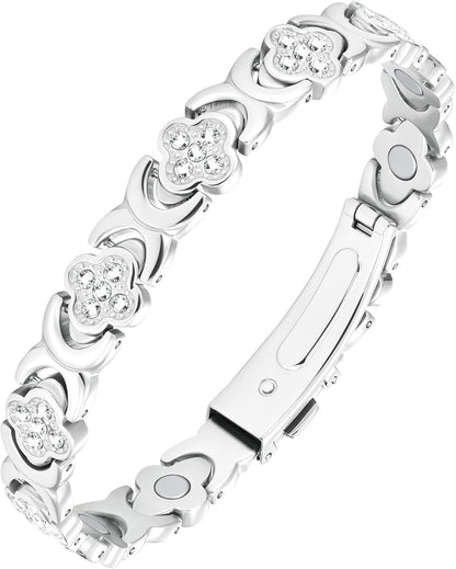 De Lamova koperen armband is voorzien van krachtige magneten van 3800 gauss die zijn ingebed in puur koper, ontworpen om magnetische therapie te bieden voor pijnverlichting en ontstekingsremmende voordelen. Deze elegante armband heeft een verstelbare pasvorm zodat hij comfortabel om elke pols past en heeft een stijlvol ontwerp met een geluksklavertje dat symbool staat voor geluk. Door gezondheidsvoordelen te combineren met verfijnde mode is deze armband perfect voor mensen die op zoek zijn naar natuurlijk w