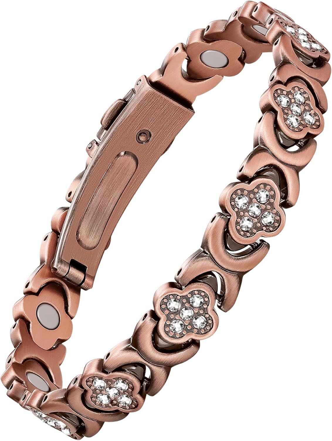 De Lamova koperen armband is voorzien van krachtige magneten van 3800 gauss die zijn ingebed in puur koper, ontworpen om magnetische therapie te bieden voor pijnverlichting en ontstekingsremmende voordelen. Deze elegante armband heeft een verstelbare pasvorm zodat hij comfortabel om elke pols past en heeft een stijlvol ontwerp met een geluksklavertje dat symbool staat voor geluk. Door gezondheidsvoordelen te combineren met verfijnde mode is deze armband perfect voor mensen die op zoek zijn naar natuurlijk w